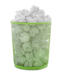 Trash bin with crumpled paper on white background. Lack of ideas