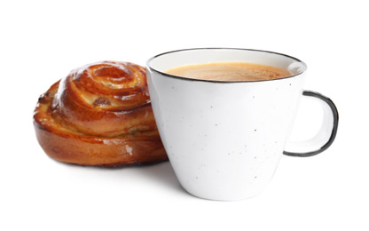 Delicious coffee and bun on white background. Sweet pastries