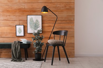Stylish room interior with floor lamp, beautiful paintings and potted eucalyptus plant