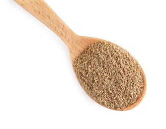 Wooden spoon with powdered coriander on white background, top view