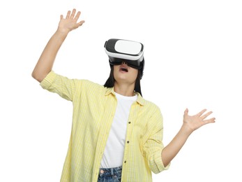 Emotional woman using virtual reality headset on white background