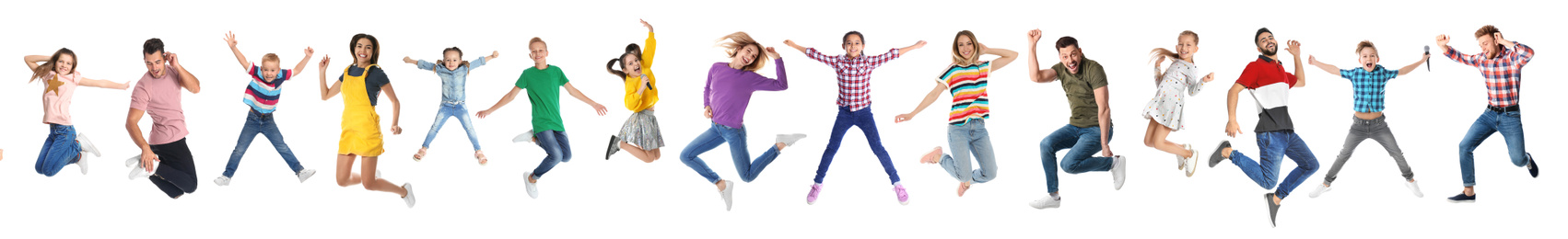 Image of Collage of emotional people jumping on white background. Banner design