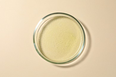 Photo of Petri dish with color liquid on beige background