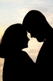 Image of Silhouette of lovely couple spending time together at sunset
