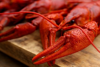 Photo of Delicious red boiled crayfish on wooden table, closeup