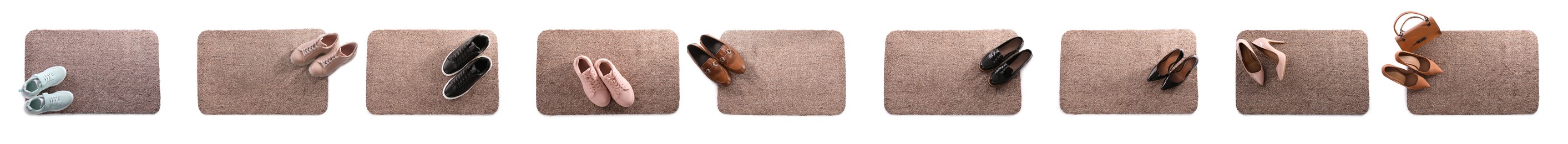 Set with door mats and different shoes on white background, top view. Banner design