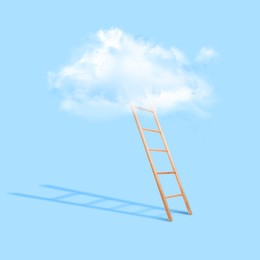 Wooden ladder leading to white cloud on light blue background. Concept of growth and development
