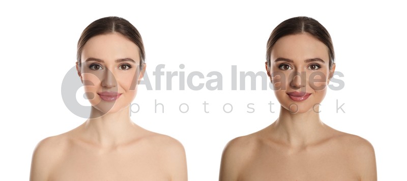 Collage with photos of beautiful young woman before and after indoor tanning on white background. Banner design