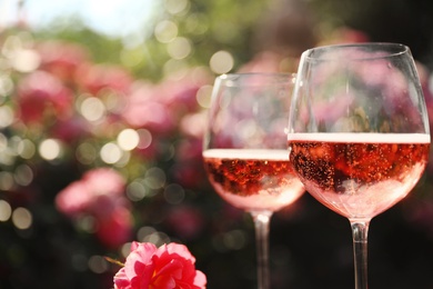 Glasses of rose champagne in blooming garden, closeup. Space for text
