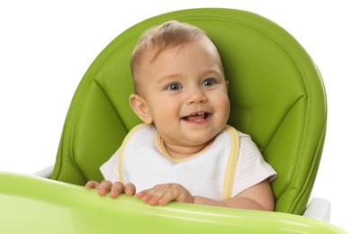 Cute little baby wearing bib in highchair on white background