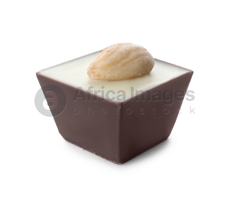 Delicious chocolate candy with almond isolated on white