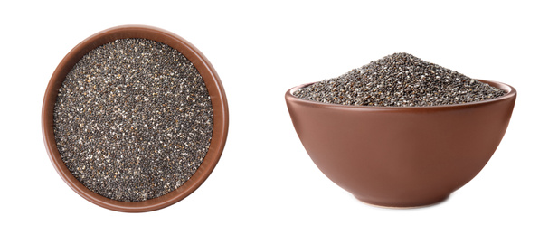Image of Bowls with chia seeds on white background