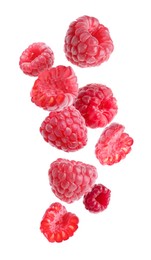 Delicious ripe raspberries flying on white background