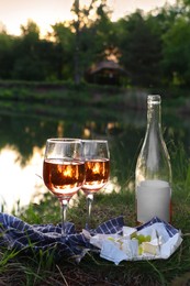 Delicious rose wine, cheese and grapes on picnic blanket near lake
