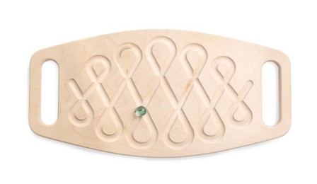 Photo of Wooden labyrinth balance board isolated on white, top view. Montessori toy