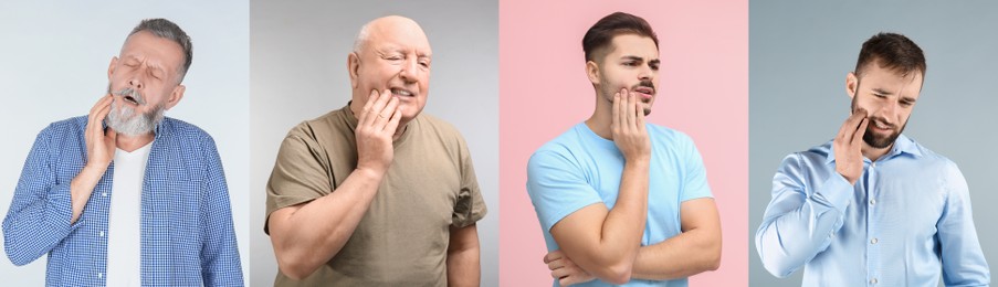 Collage with photos of men suffering from toothache on different color backgrounds. Banner design