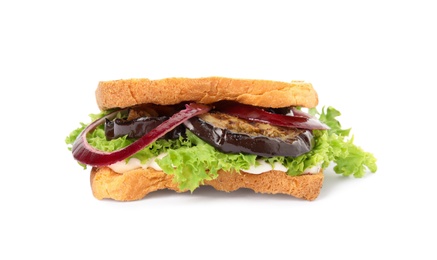 Delicious fresh eggplant sandwich isolated on white