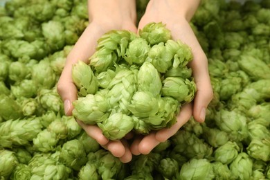 Photo of Woman holding pile of fresh ripe hops, closeup