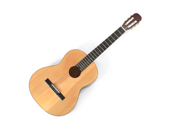Acoustic guitar on white background, top view