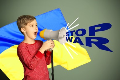 Stop war in Ukraine. Little boy with megaphone and Ukrainian national flag on color background
