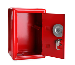 Open red steel safe isolated on white