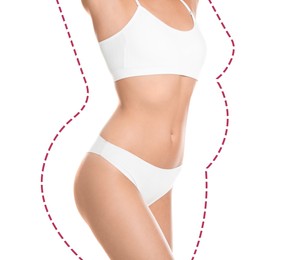 Slim woman in underwear after weight loss on white background. Healthy diet