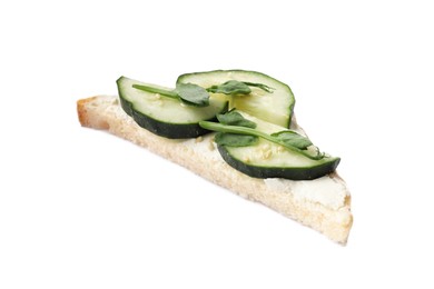 Photo of Tasty cucumber sandwich with sesame seeds and pea microgreen isolated on white