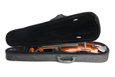 Beautiful classic violin in case isolated on white. Musical instrument
