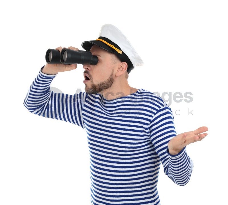 Sailor looking through binoculars on white background