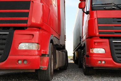 Modern red trucks parked on road, closeup
