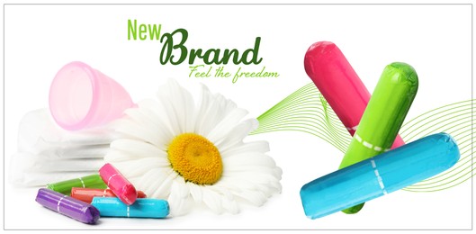 Tampons, pads, menstrual cup and chamomile flower on white background, banner design. Mockup for your brand 