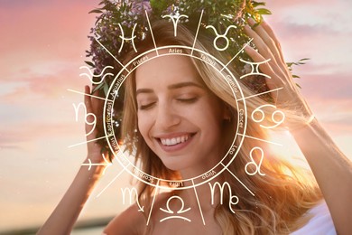 Image of Beautiful young woman with wreath outdoors and zodiac wheel illustration