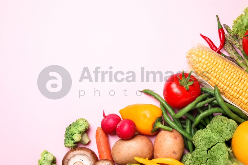 Photo of Flat lay composition with fresh vegetables on light pink background. Space for text