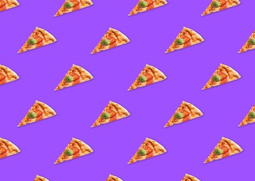 Slices of delicious Margherita pizzas on violet background. Seamless pattern design