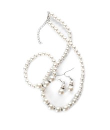 Elegant pearl necklace, bracelet and earrings on white background, top view