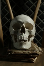Photo of Human skull and old books on wooden chair