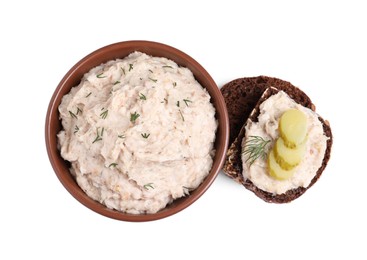 Photo of Delicious lard spread and sandwich on white background, top view