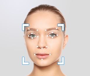 Image of Facial recognition system. Woman with scanner frame and digital biometric grid on light background