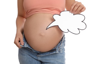 Pregnant woman with empty paper thought cloud on white background, closeup. Choosing baby name