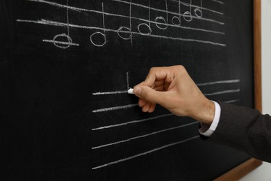 Teacher writing music notes with chalk on blackboard, closeup