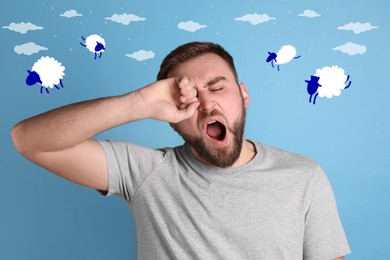 Image of Sleepy young man yawning and pictures of sheep on light blue background