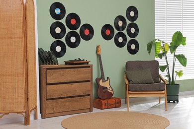 Living room interior decorated with vinyl records