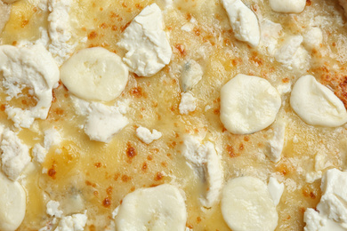 Photo of Delicious hot cheese pizza as background, top view