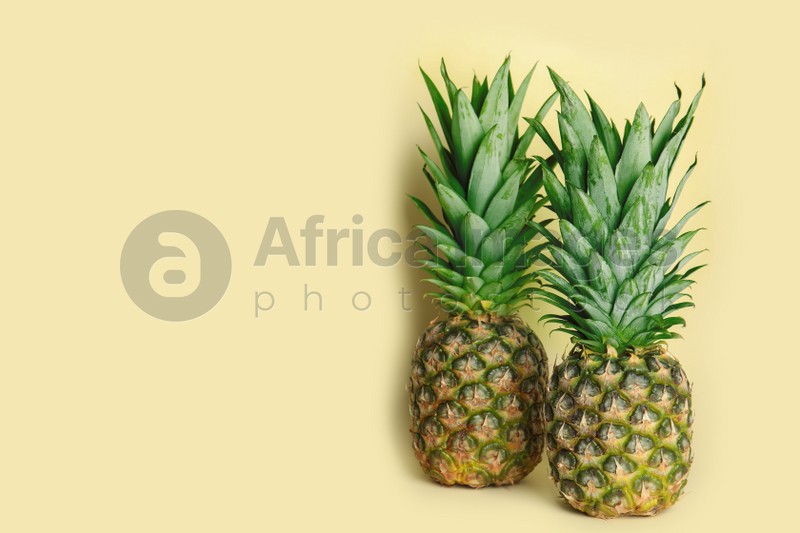 Photo of Ripe juicy pineapples on light yellow background. Space for text