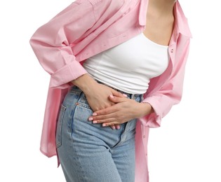Woman suffering from appendicitis inflammation on white background, closeup
