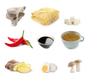 Image of Set with tasty ingredients for ramen on white background