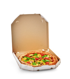 Hot tasty vegetable pizza in cardboard box on white background. Image for menu or poster
