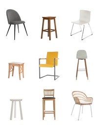 Set with different stylish chairs on white background