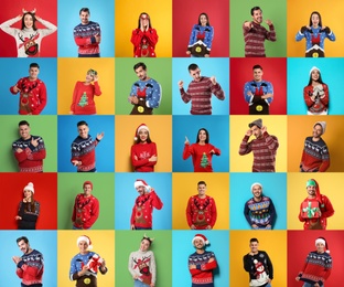 Collage with photos of men and women in different Christmas sweaters on color backgrounds