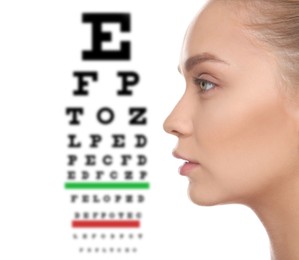 Young woman and blurred eye chart on background. Visiting ophthalmologist 